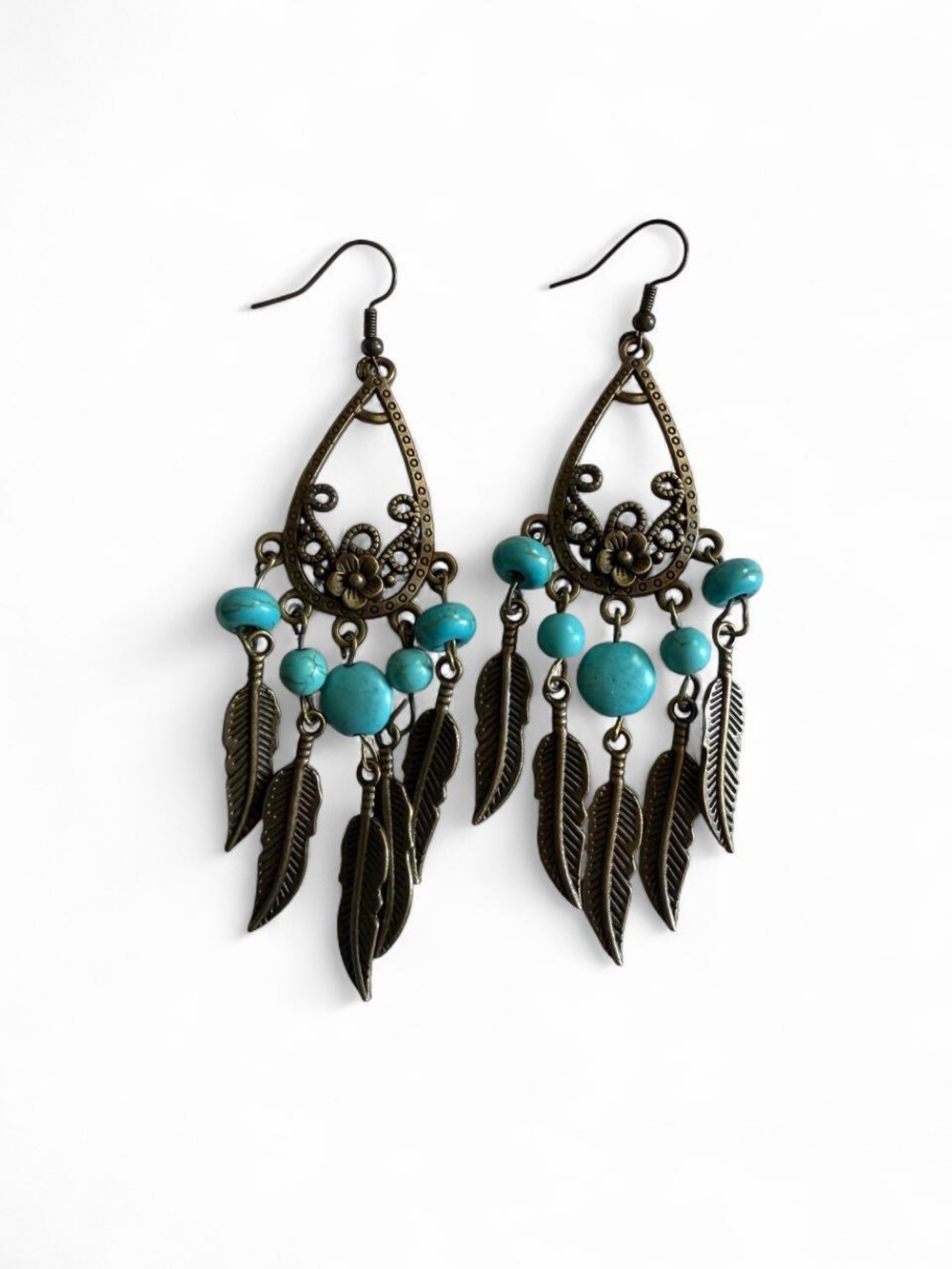 Handmade Boho Turquoise Feather Earrings Dreamcatcher Chandelier Western Festiva